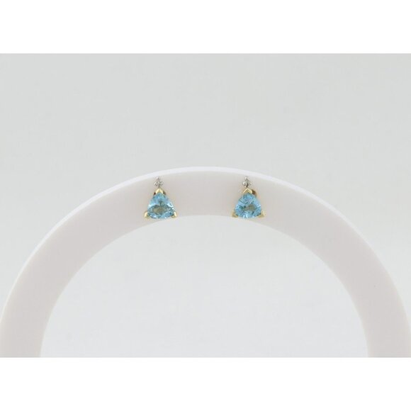 10k Yellow Gold Natural Blue Topaz & Diamond Earrings Stud 5/16" x 1/4" - Picture 3 of 10
